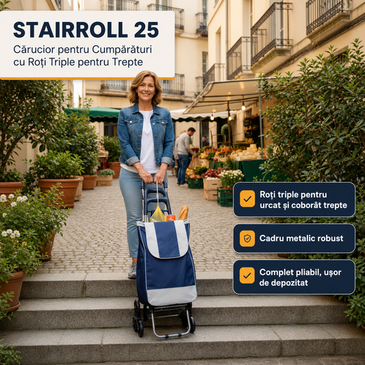 STAIRROLL 25 – Cărucior pentru Cumpărături cu Roți Triple pentru Trepte, până la 25 kg