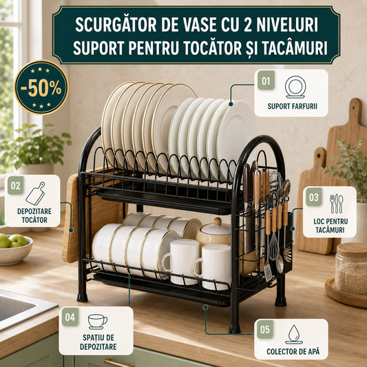SUPORT VASE PENTRU CHIUVETĂ CU TĂVI DETAȘABILE - BUCĂTĂRIE ORDONATĂ (SINKORGANIZER)