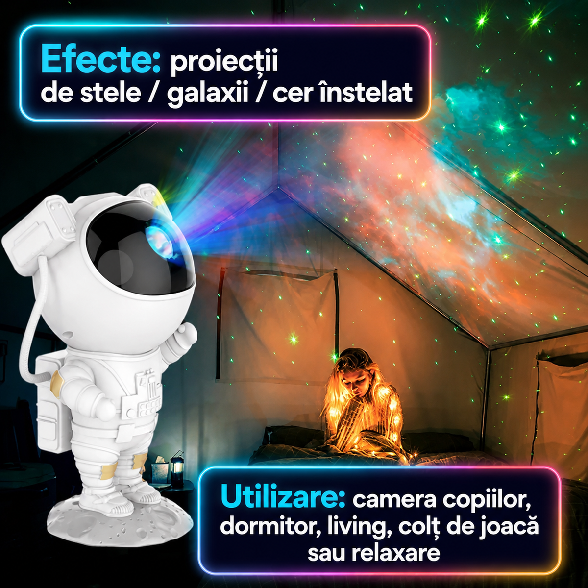 PROIECTOR NIGHT LIGHT ASTRONAUT - MAGIE ÎN CAMERA COPIILOR (STARS PROIECTOR)