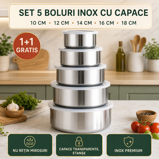 1+1 GRATIS - SET 5 BOLURI INOX CU CAPAC - PROSPEȚIME GARANTATĂ (INOXBOWL)