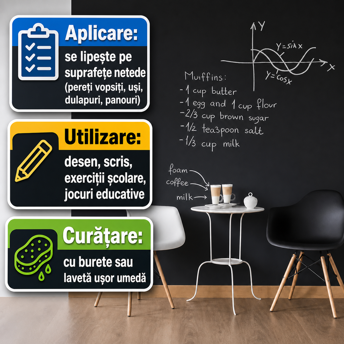TABLĂ DE SCRIS AUTOCOLANTĂ PENTRU COPII - SPAȚIU DE JOACĂ PE PERETE (WALLDOODLE)
