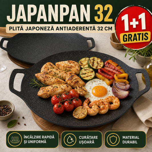 1+1! PLITĂ JAPONEZĂ ANTIADERENTĂ 32CM – GĂTEȘTE UNIFORM PE TOATĂ SUPRAFAȚA (JAPANPAN)