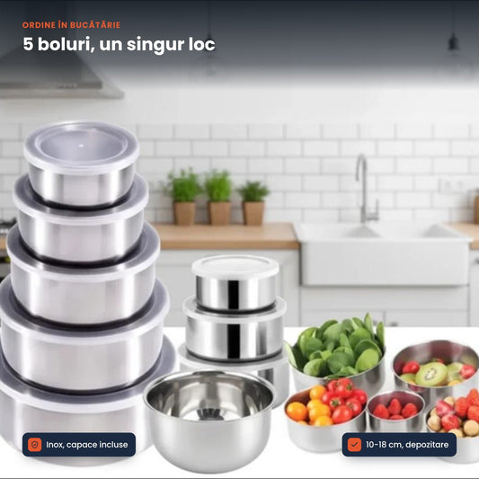 INOXBOWL 5 – Set 5 Boluri din Inox cu Capace, pentru Depozitare și Servire