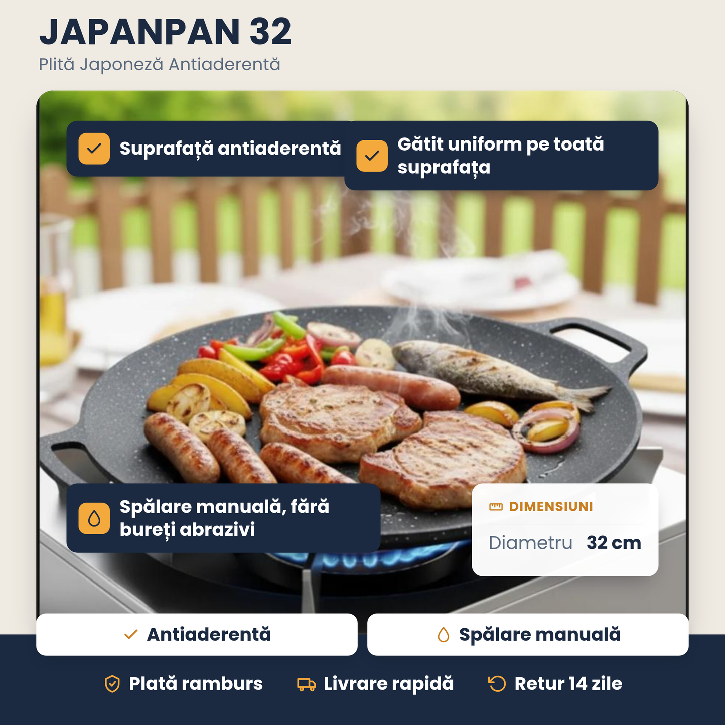 JAPANPAN 32 – Plită Japoneză Antiaderentă, Gătit Uniform pe Toată Suprafața, 1+1