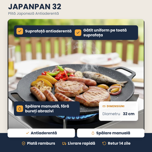 JAPANPAN 32 – Plită Japoneză Antiaderentă, Gătit Uniform pe Toată Suprafața, 1+1