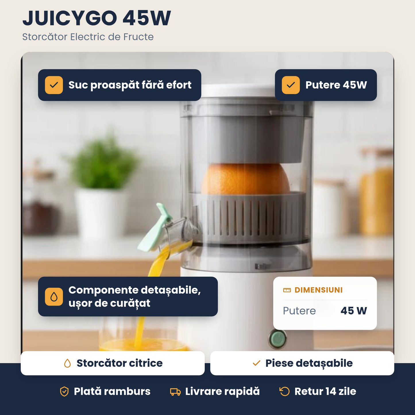 JUICYGO 45W – Storcător Electric de Fructe, Suc Proaspăt Oriunde, Fără Efort