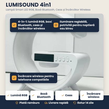LUMISOUND 4in1 – Lampă Smart LED cu RGB, Boxă Bluetooth, Ceas și Încărcător Wireless