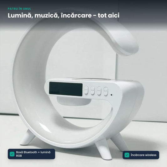 LUMISOUND 4in1 – Lampă Smart LED cu RGB, Boxă Bluetooth, Ceas și Încărcător Wireless