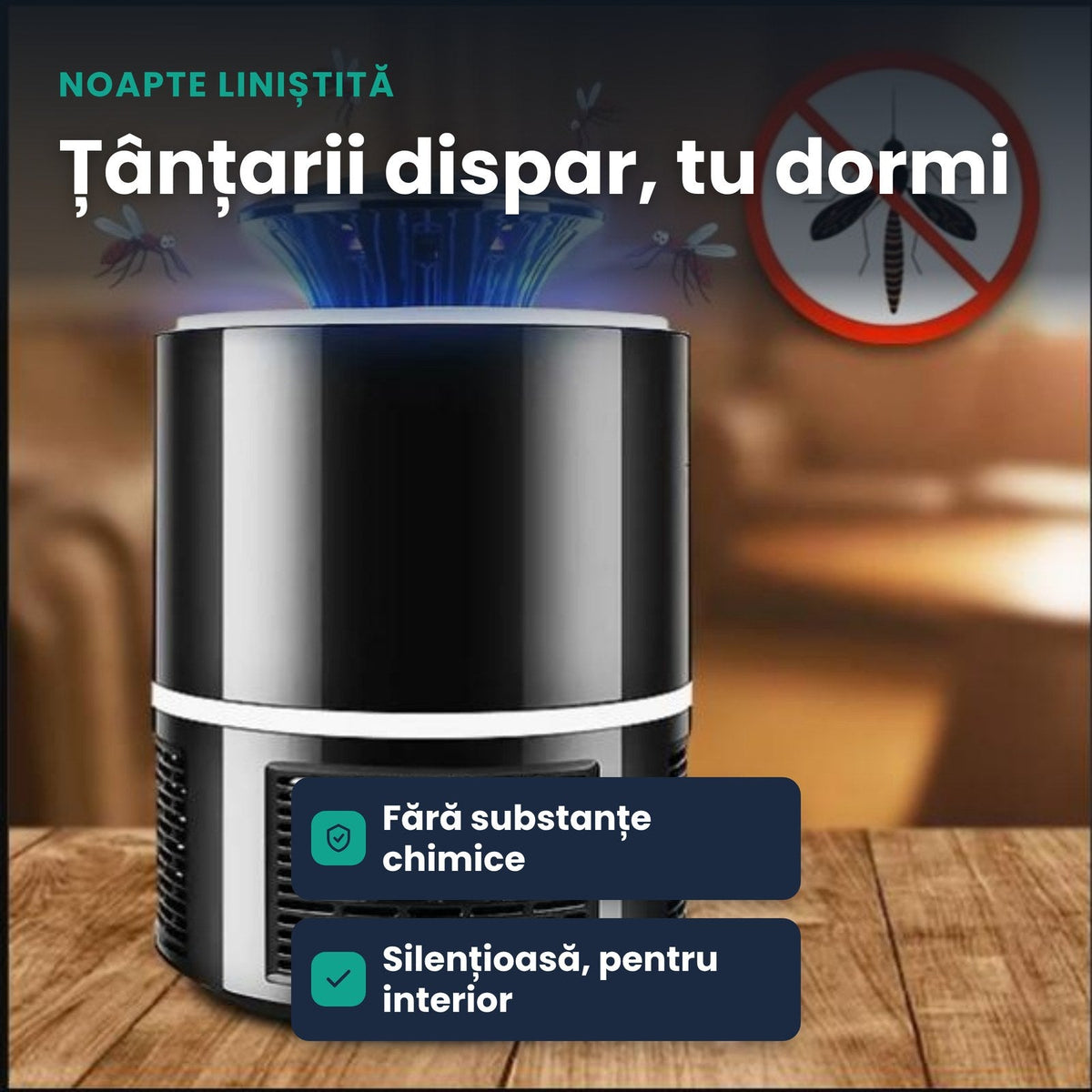 MOSQUITRAP – Lampă anti-țânțari cu LED UV – Capcană electrică silențioasă pentru interior, protecție 24/7 fără chimicale
