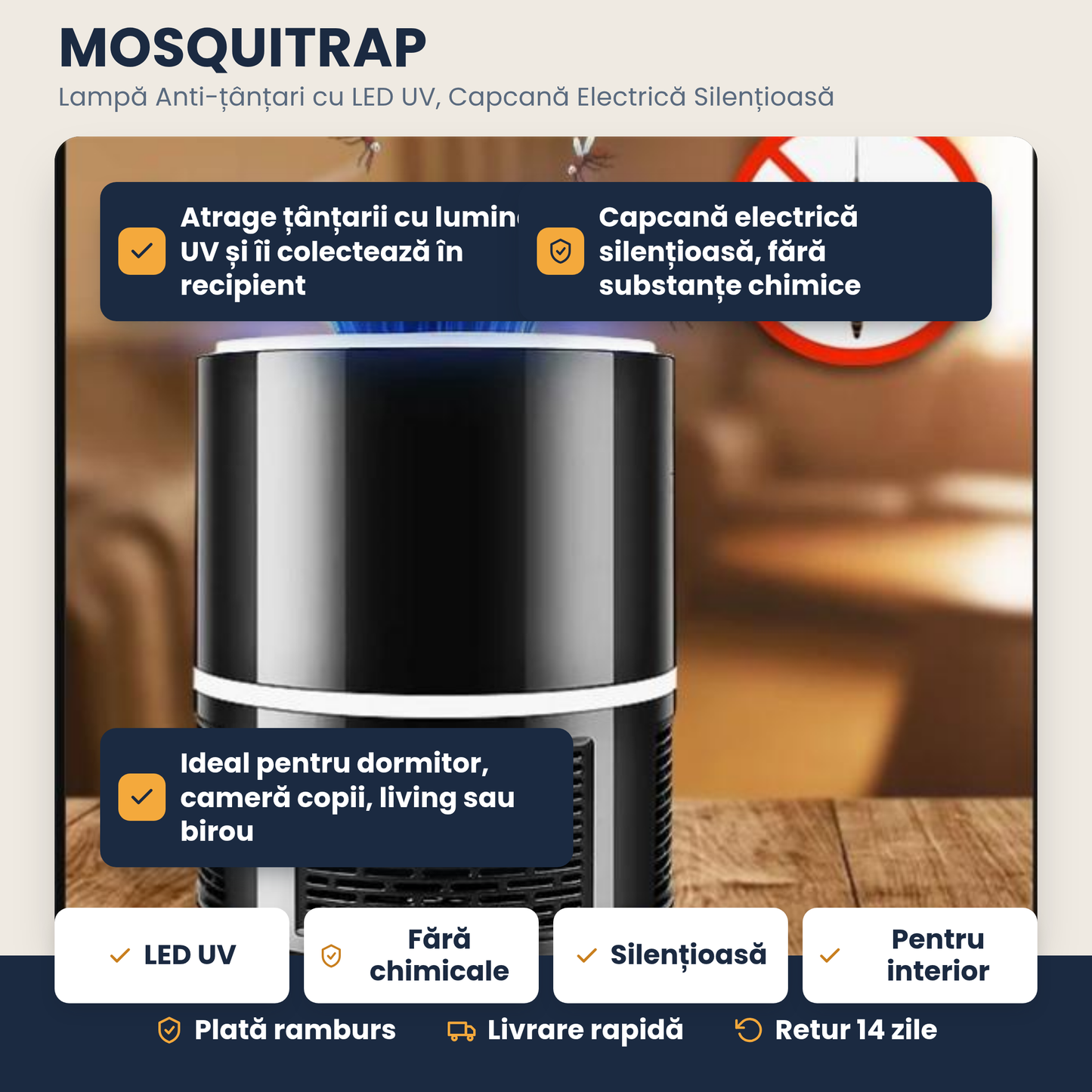 MOSQUITRAP – Lampă anti-țânțari cu LED UV – Capcană electrică silențioasă pentru interior, protecție 24/7 fără chimicale