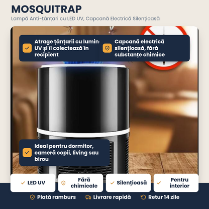 MOSQUITRAP – Lampă anti-țânțari cu LED UV – Capcană electrică silențioasă pentru interior, protecție 24/7 fără chimicale