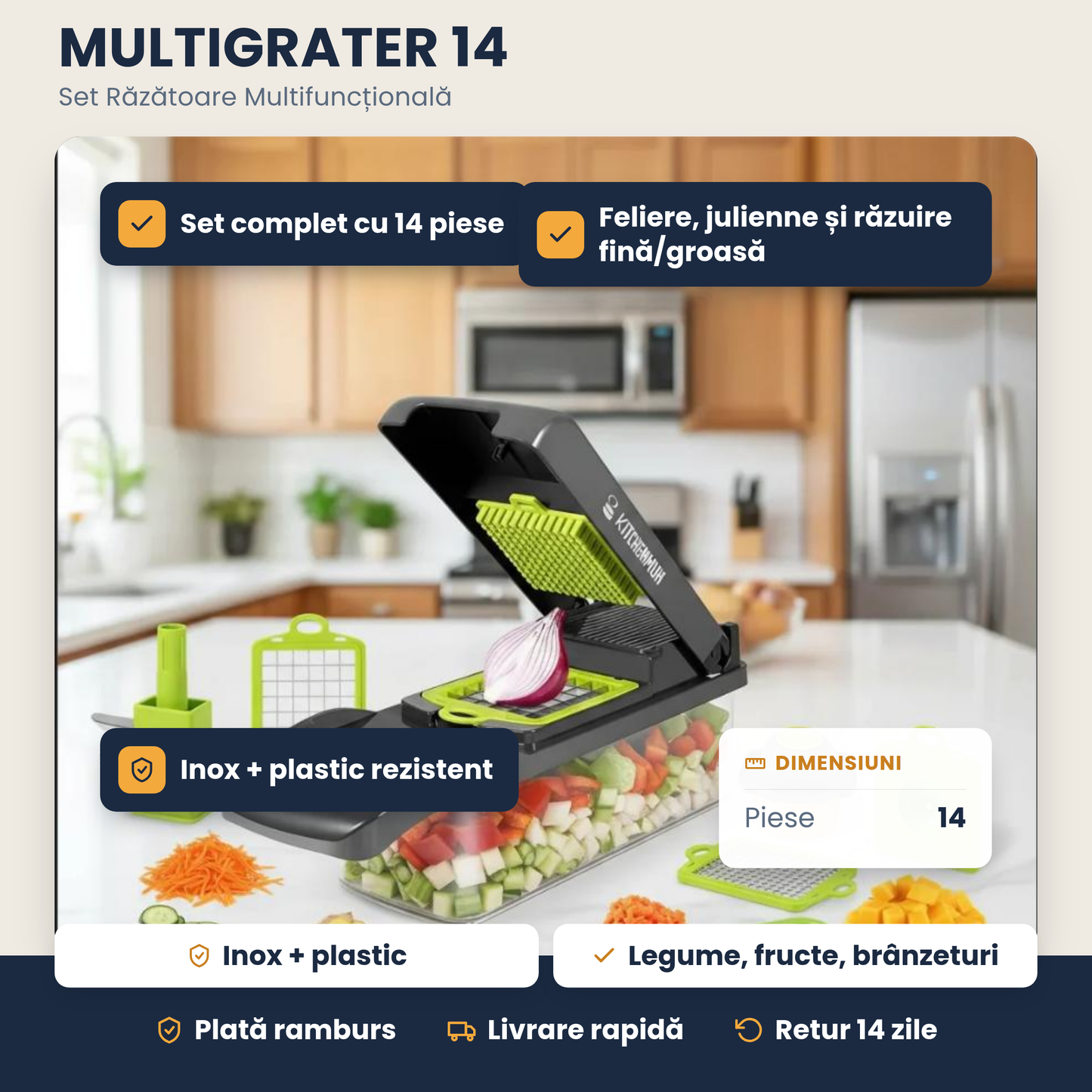 MULTIGRATER 14 – Set Răzătoare Multifuncțională pentru Feliere, Răzuire și Julienne