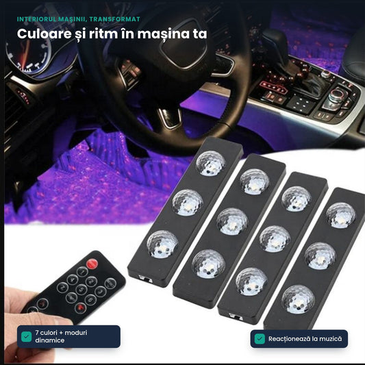 MUSICGLOW CAR – Lumini LED Ambientale Auto cu 7 Culori, Control Muzical și Telecomandă