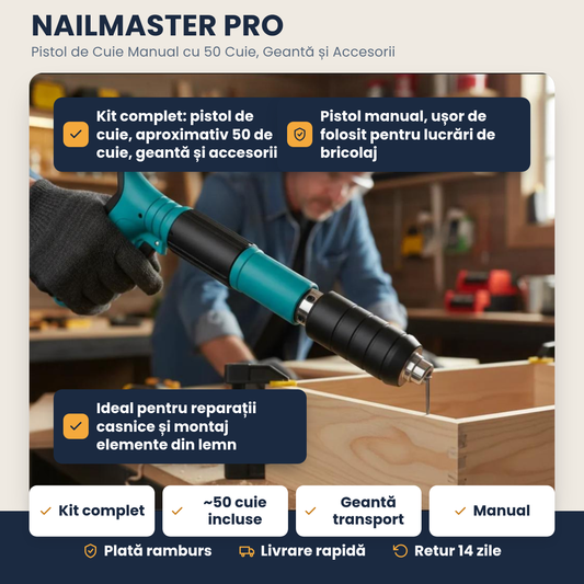 NAILMASTER PRO – Pistol de cuie manual cu 50 cuie, geantă și accesorii – Kit profesional pentru bricolaj