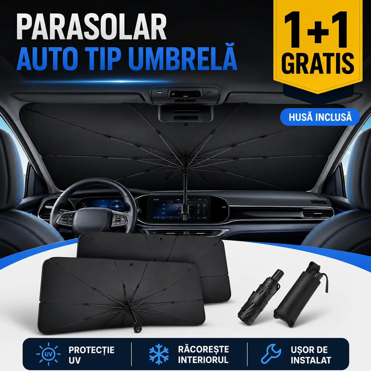 SUNSHADE PRO – Parasolar auto tip umbrelă pentru parbriz – Mașina ta răcoasă și protejată vara (UV rezistent)