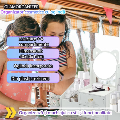 GLAMORGANIZER – Organizator cosmetice cu oglindă – 2 sertare & 4 compartimente, alb elegant