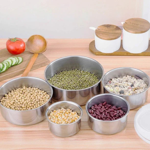 INOXBOWL 5 – Set 5 Boluri din Inox cu Capace, pentru Depozitare și Servire