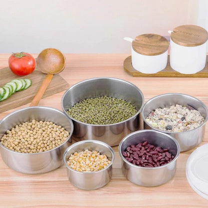 INOXBOWL 5 – Set 5 Boluri din Inox cu Capace, pentru Depozitare și Servire