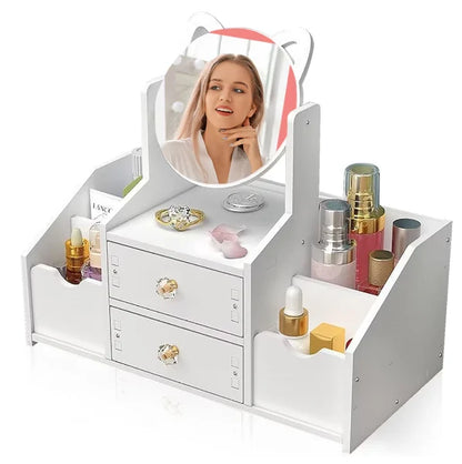 GLAMORGANIZER – Organizator cosmetice cu oglindă – 2 sertare & 4 compartimente, alb elegant