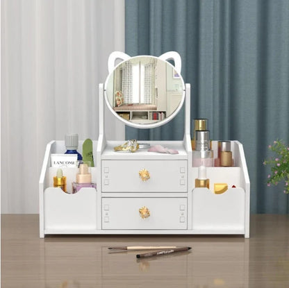 GLAMORGANIZER – Organizator cosmetice cu oglindă – 2 sertare & 4 compartimente, alb elegant