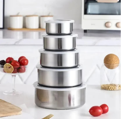 INOXBOWL 5 – Set 5 Boluri din Inox cu Capace, pentru Depozitare și Servire
