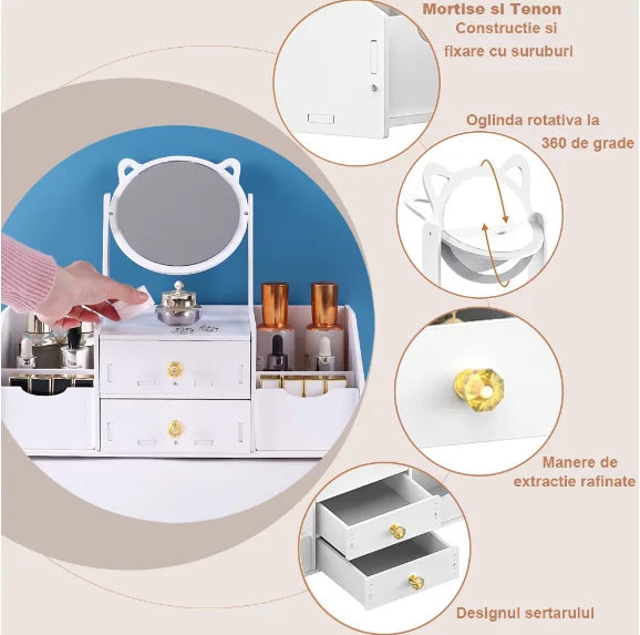 GLAMORGANIZER – Organizator cosmetice cu oglindă – 2 sertare & 4 compartimente, alb elegant