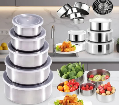 INOXBOWL 5 – Set 5 Boluri din Inox cu Capace, pentru Depozitare și Servire