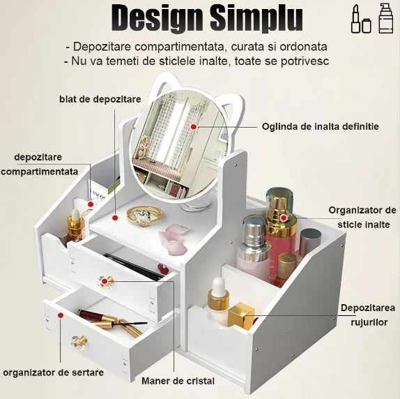 GLAMORGANIZER – Organizator cosmetice cu oglindă – 2 sertare & 4 compartimente, alb elegant
