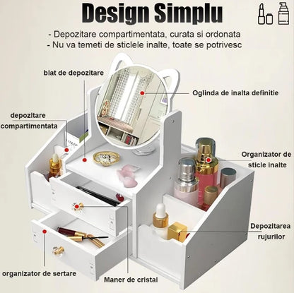 GLAMORGANIZER – Organizator cosmetice cu oglindă – 2 sertare & 4 compartimente, alb elegant
