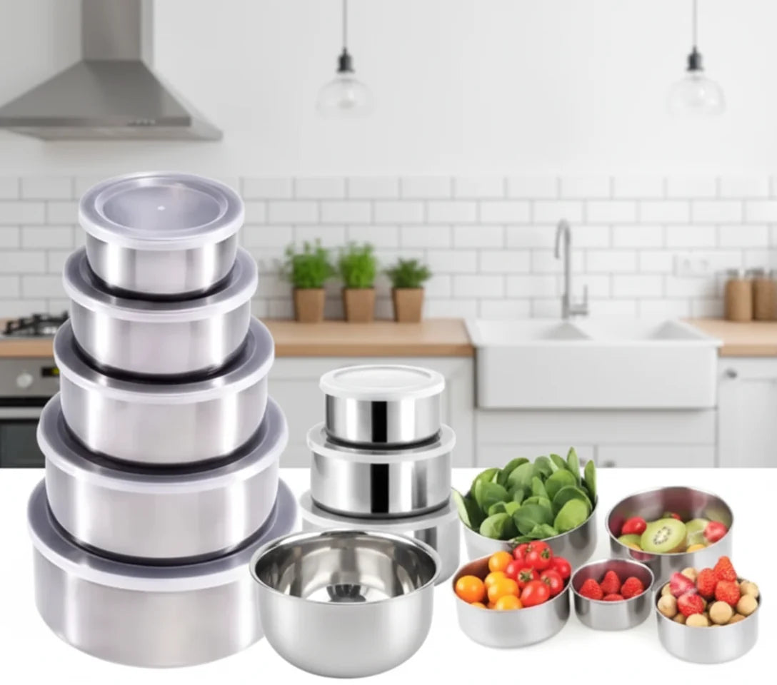 INOXBOWL 5 – Set 5 Boluri din Inox cu Capace, pentru Depozitare și Servire