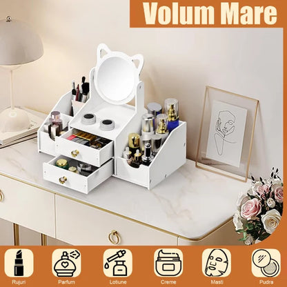 GLAMORGANIZER – Organizator cosmetice cu oglindă – 2 sertare & 4 compartimente, alb elegant