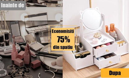 GLAMORGANIZER – Organizator cosmetice cu oglindă – 2 sertare & 4 compartimente, alb elegant