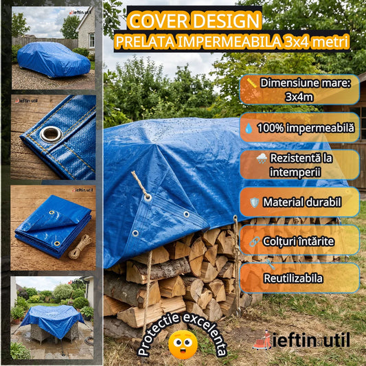Cover Design – Prelată impermeabilă 3x4m albastră, protecție lemne, mobilier,fan și mașini
