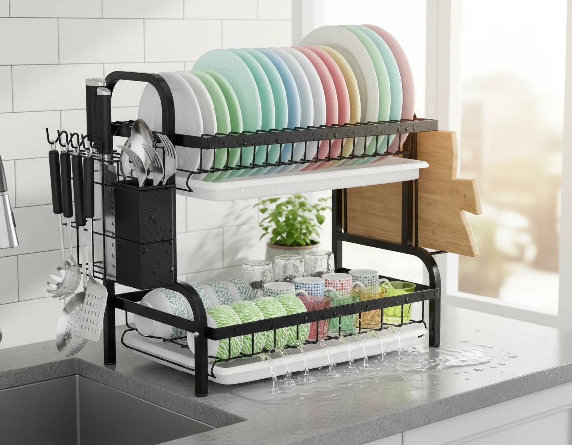 SINKORGANIZER – Organizator Multifuncțional pentru Chiuvetă cu Suport Vase și Tăvi de Scurgere