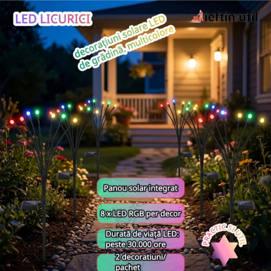 LED LICURICI – Set 2 decorațiuni solare LED de grădină multicolore, efect licurici 360°