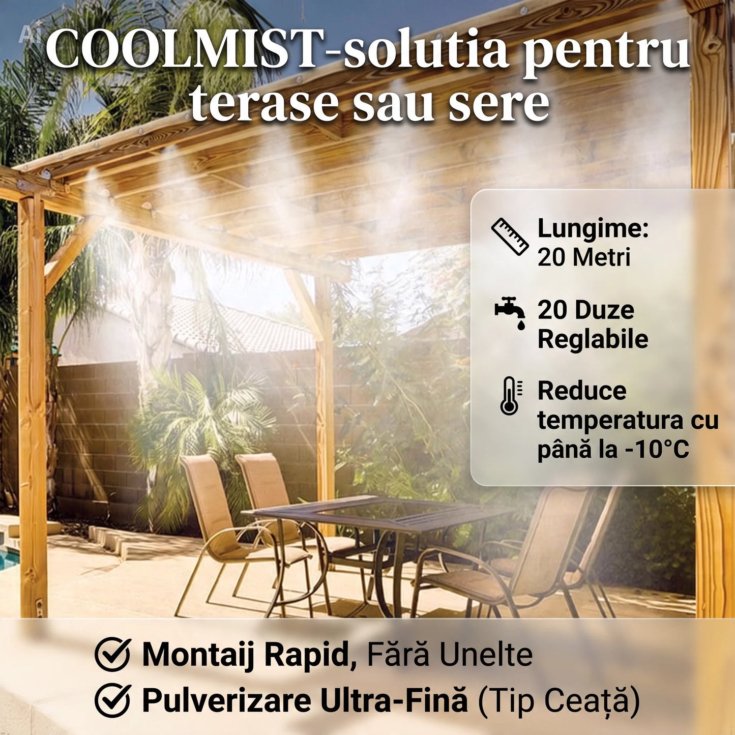 COOLMIST-Kit Răcire Terasă 20 m – Sistem pulverizare fină cu duze reglabile, racire terase, pergole și grădini