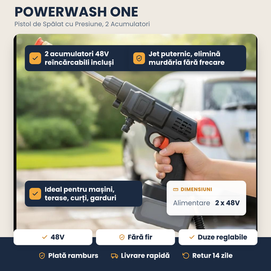 POWERWASH ONE – Pistol de Spălat cu Presiune, cu 2 Acumulatori și Set Complet de Accesorii