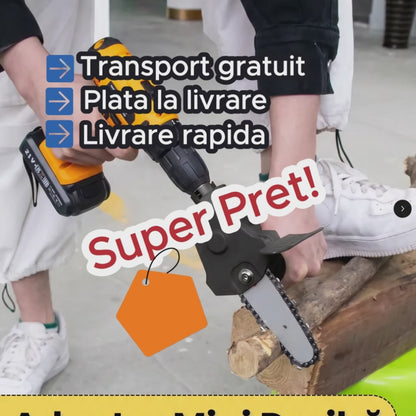 SAWDRIVE MINI – Adaptor mini drujbă pentru bormașină – Taie lemn ca un profesionist, fără drujbă scumpă!