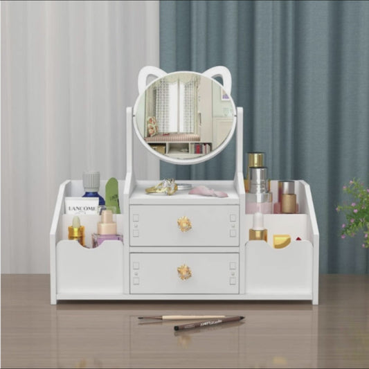 GLAMORGANIZER – Organizator cosmetice cu oglindă – 2 sertare & 4 compartimente, alb elegant
