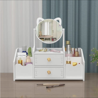 GLAMORGANIZER – Organizator cosmetice cu oglindă – 2 sertare & 4 compartimente, alb elegant