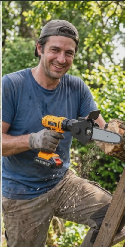 SAWDRIVE MINI – Adaptor mini drujbă pentru bormașină – Taie lemn ca un profesionist, fără drujbă scumpă!