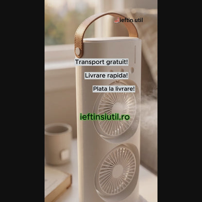 COOLFAN MIST – Ventilator Portabil cu Pulverizare 360°, USB, 3 Trepte, Lumină Ambientală