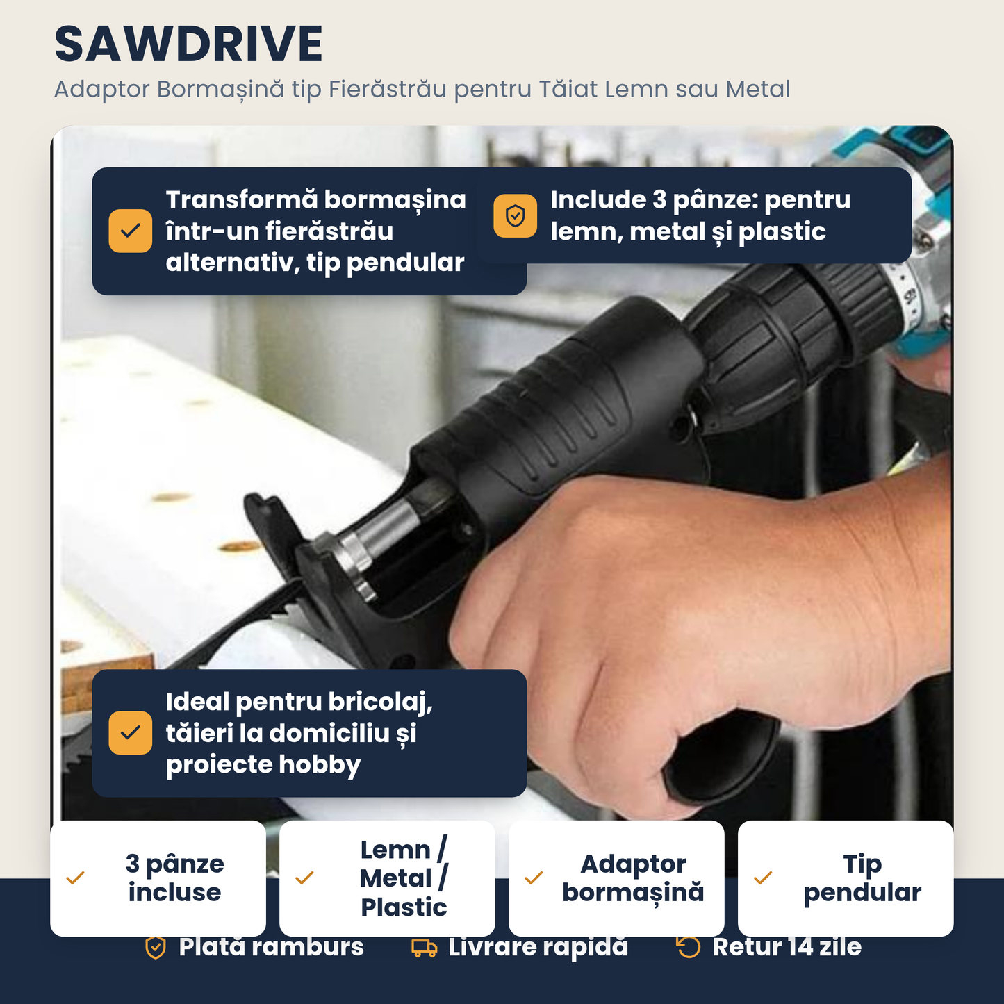 SAWDRIVE – Adaptor bormașină tip fierăstrău pentru tăiat lemn sau metal