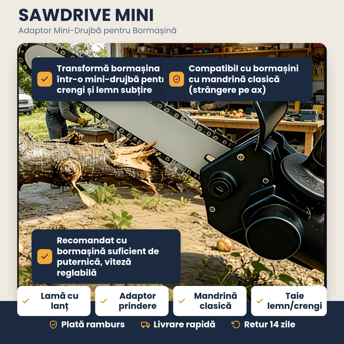 SAWDRIVE MINI – Adaptor mini drujbă pentru bormașină – Taie lemn ca un profesionist, fără drujbă scumpă!
