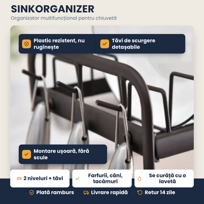 SINKORGANIZER – Organizator Multifuncțional pentru Chiuvetă cu Suport Vase și Tăvi de Scurgere