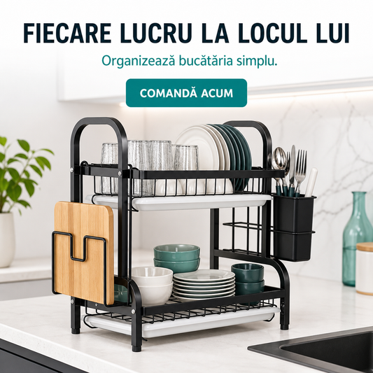 SINKORGANIZER – Organizator Multifuncțional pentru Chiuvetă cu Suport Vase și Tăvi de Scurgere