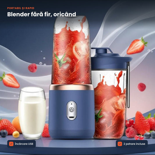 SMOOTHIEGO – Mini Blender Portabil cu Încărcare USB și 2 Pahare pentru Smoothie & Shake