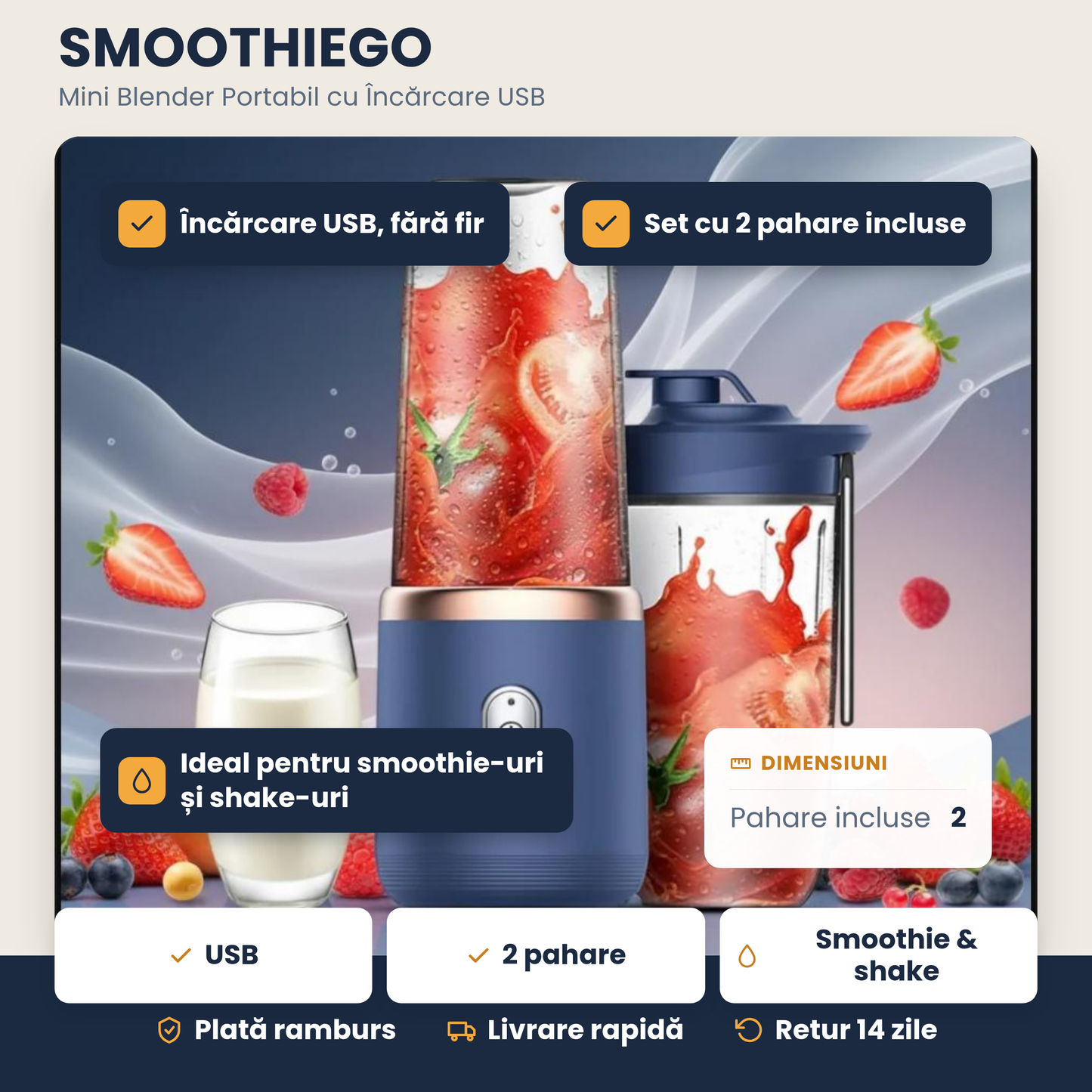 SMOOTHIEGO – Mini Blender Portabil cu Încărcare USB și 2 Pahare pentru Smoothie & Shake