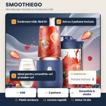 SMOOTHIEGO – Mini Blender Portabil cu Încărcare USB și 2 Pahare pentru Smoothie & Shake