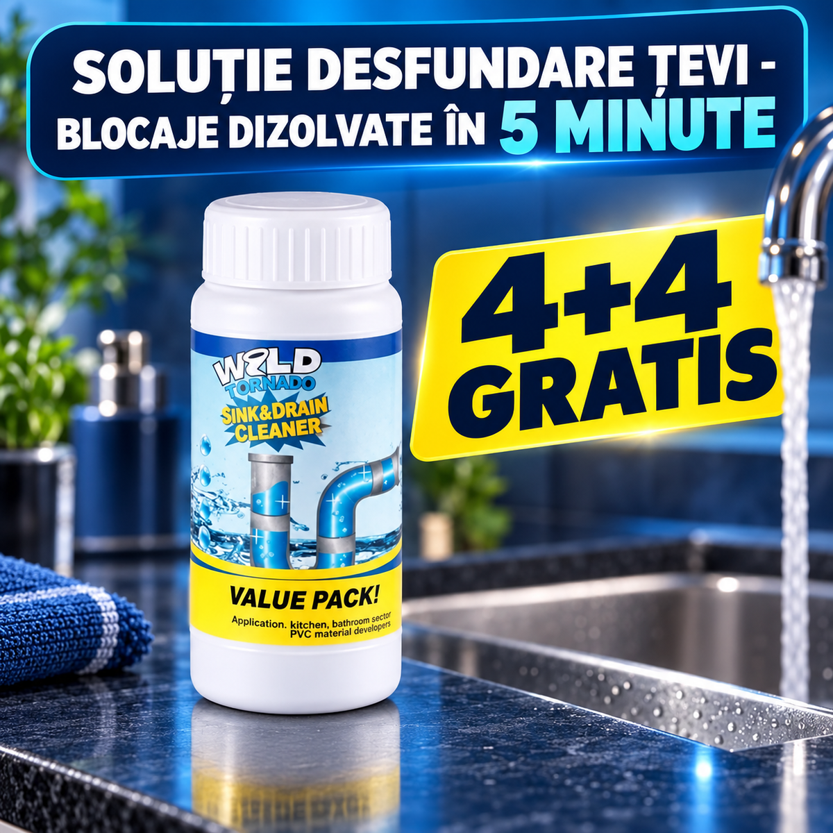 4+4 GRATIS - SOLUȚIE DESFUNDARE ȚEVI - BLOCAJE DIZOLVATE ÎN 5 MINUTE (DRAINBLAST)